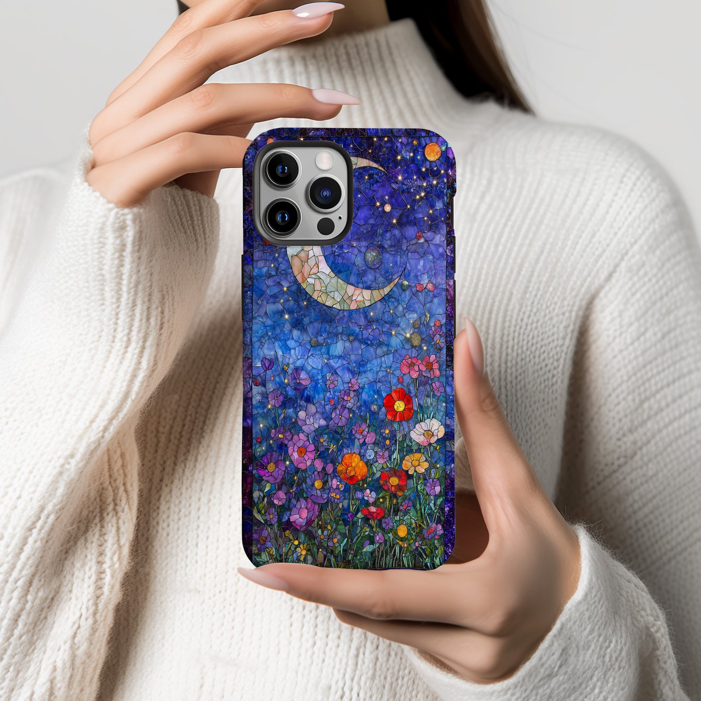 Celestial Bloom – Crescent Moon & Starlit Garden in Stained Glass