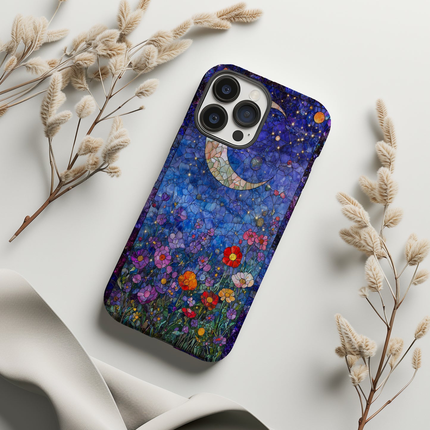 Celestial Bloom – Crescent Moon & Starlit Garden in Stained Glass