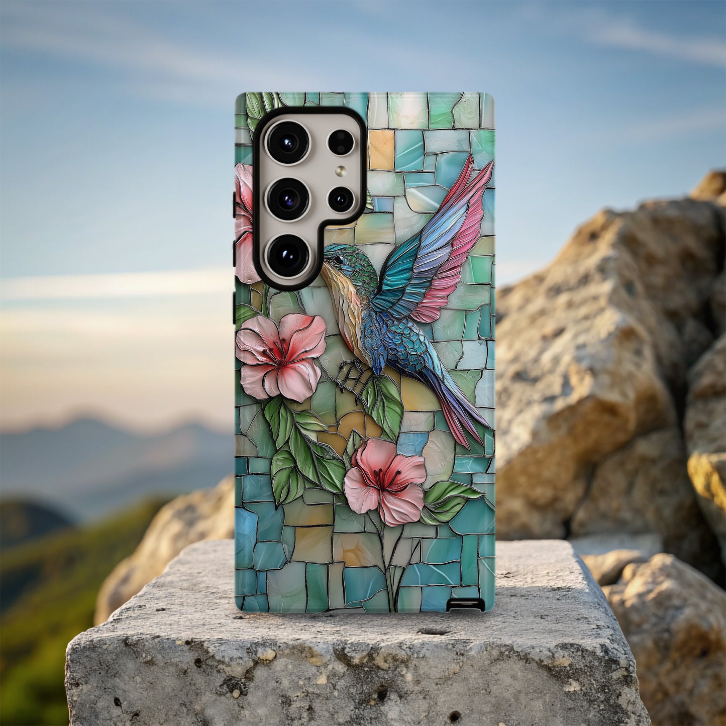 Radiant Hummingbird & Hibiscus Stained Glass Phone Case