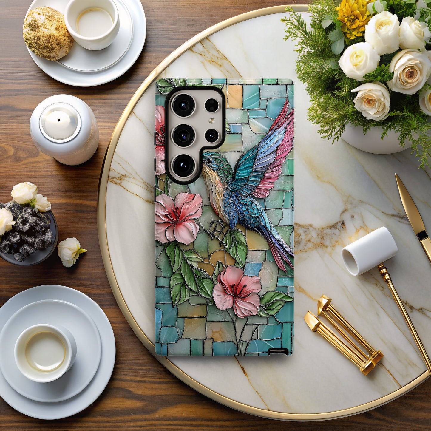 Radiant Hummingbird & Hibiscus Stained Glass Phone Case