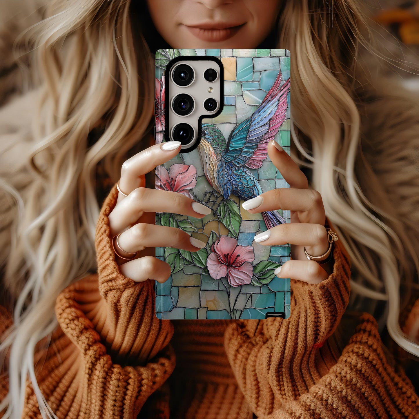 Radiant Hummingbird & Hibiscus Stained Glass Phone Case