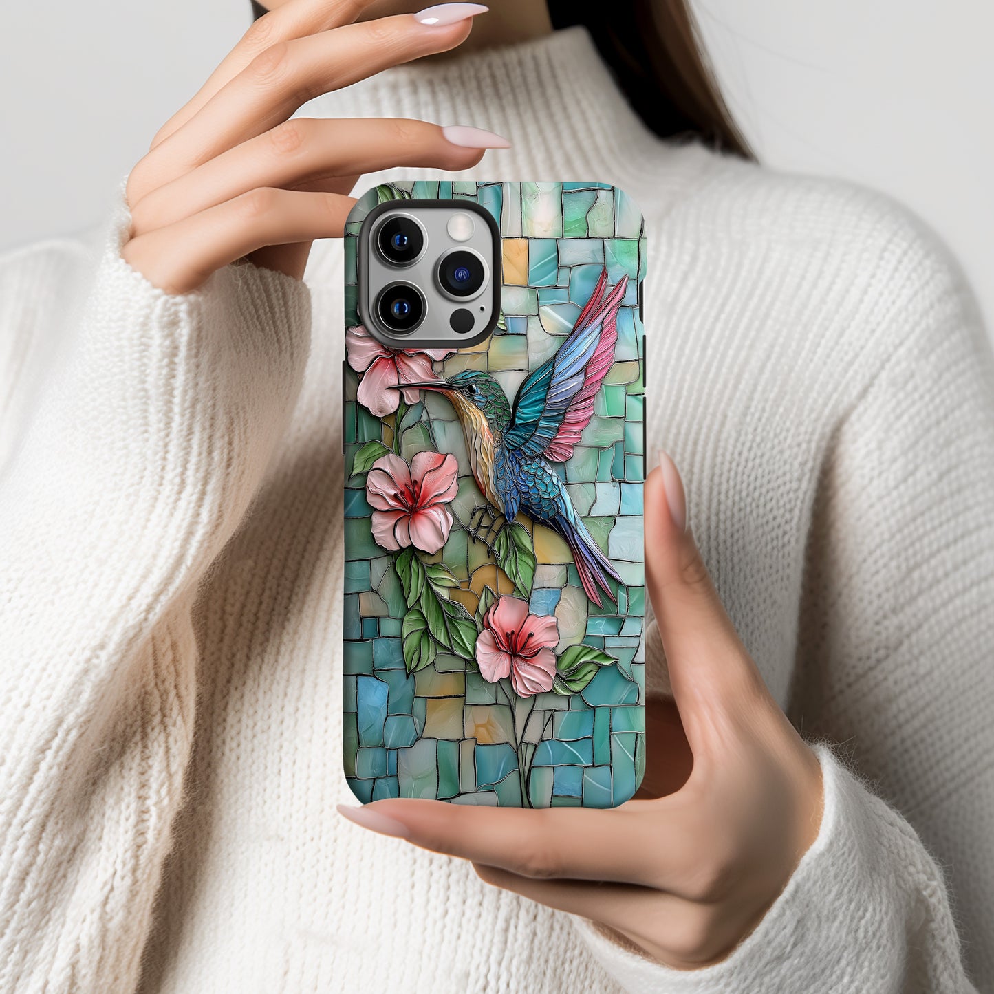 Radiant Hummingbird & Hibiscus Stained Glass Phone Case