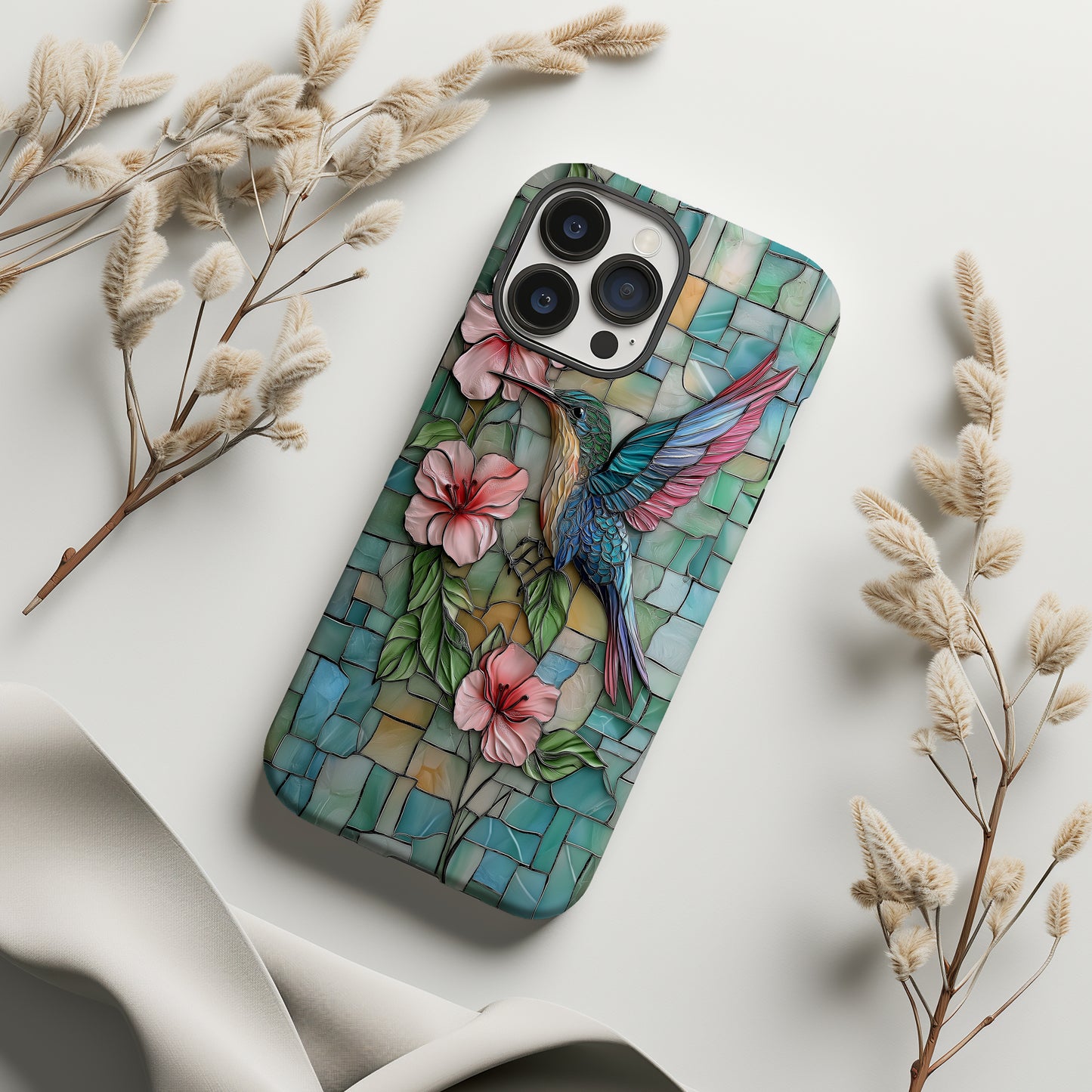Radiant Hummingbird & Hibiscus Stained Glass Phone Case