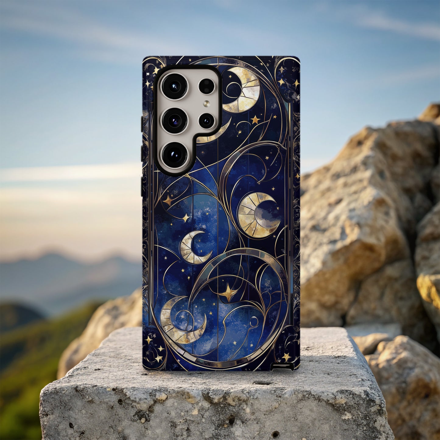 Celestial Harmony – Crescent Moons & Stars in Stained Glass Phone Case