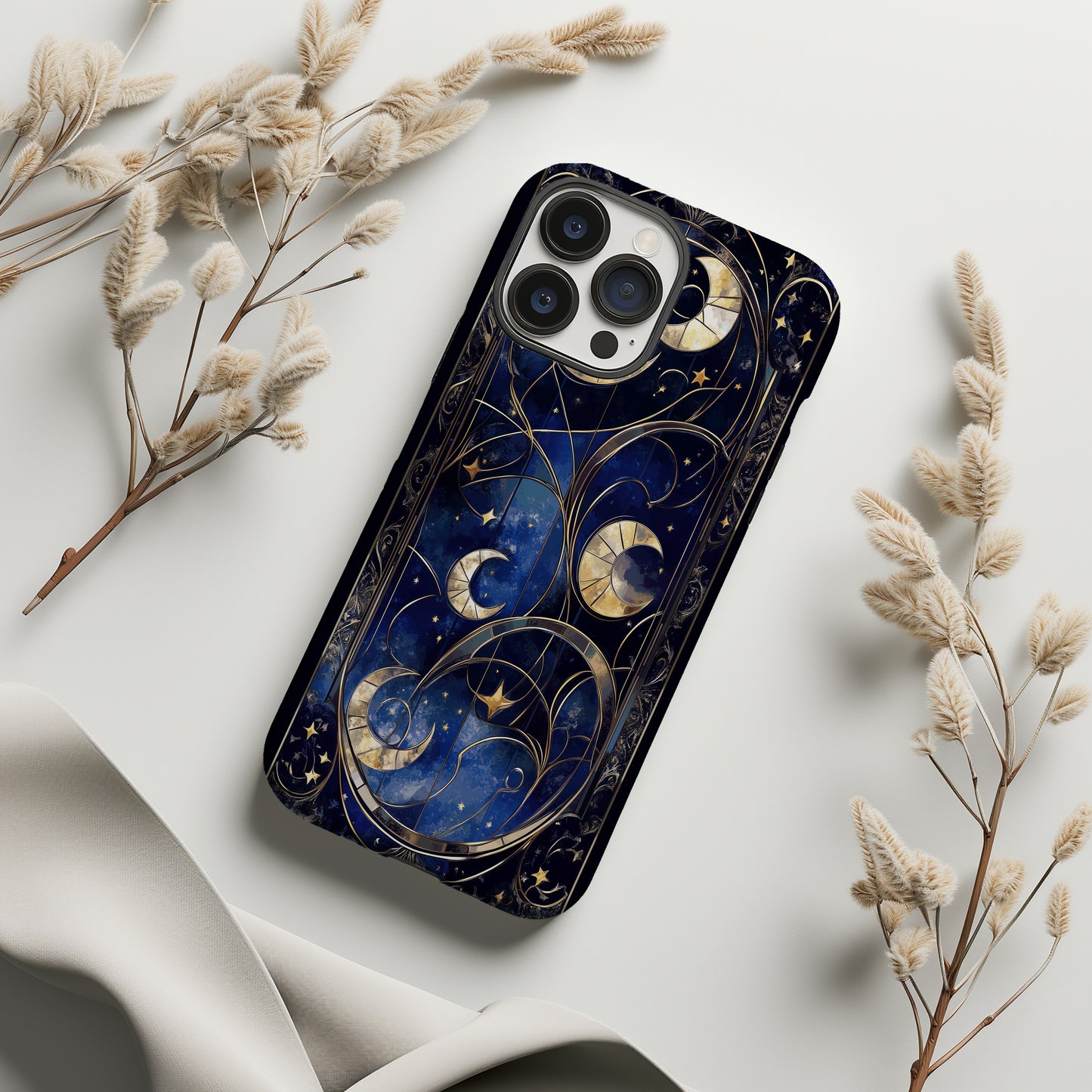 Celestial Harmony – Crescent Moons & Stars in Stained Glass Phone Case