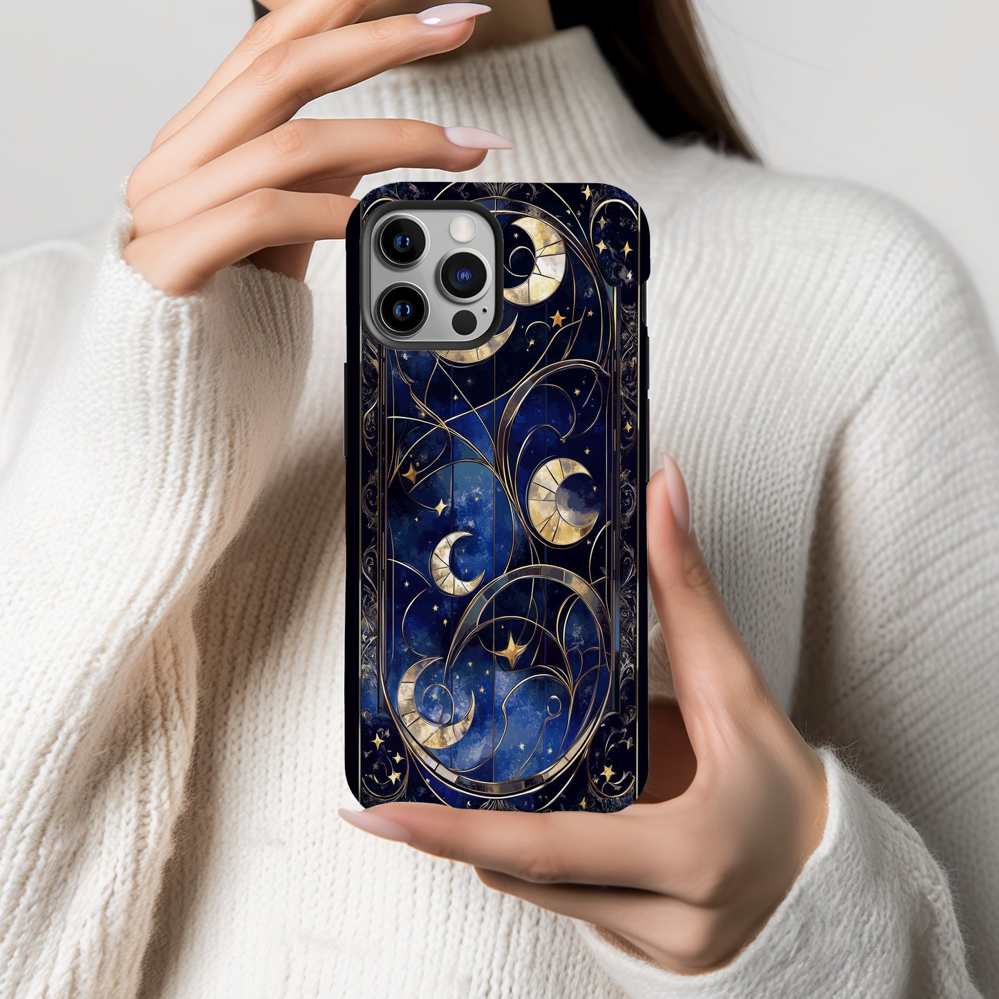 Celestial Harmony – Crescent Moons & Stars in Stained Glass Phone Case
