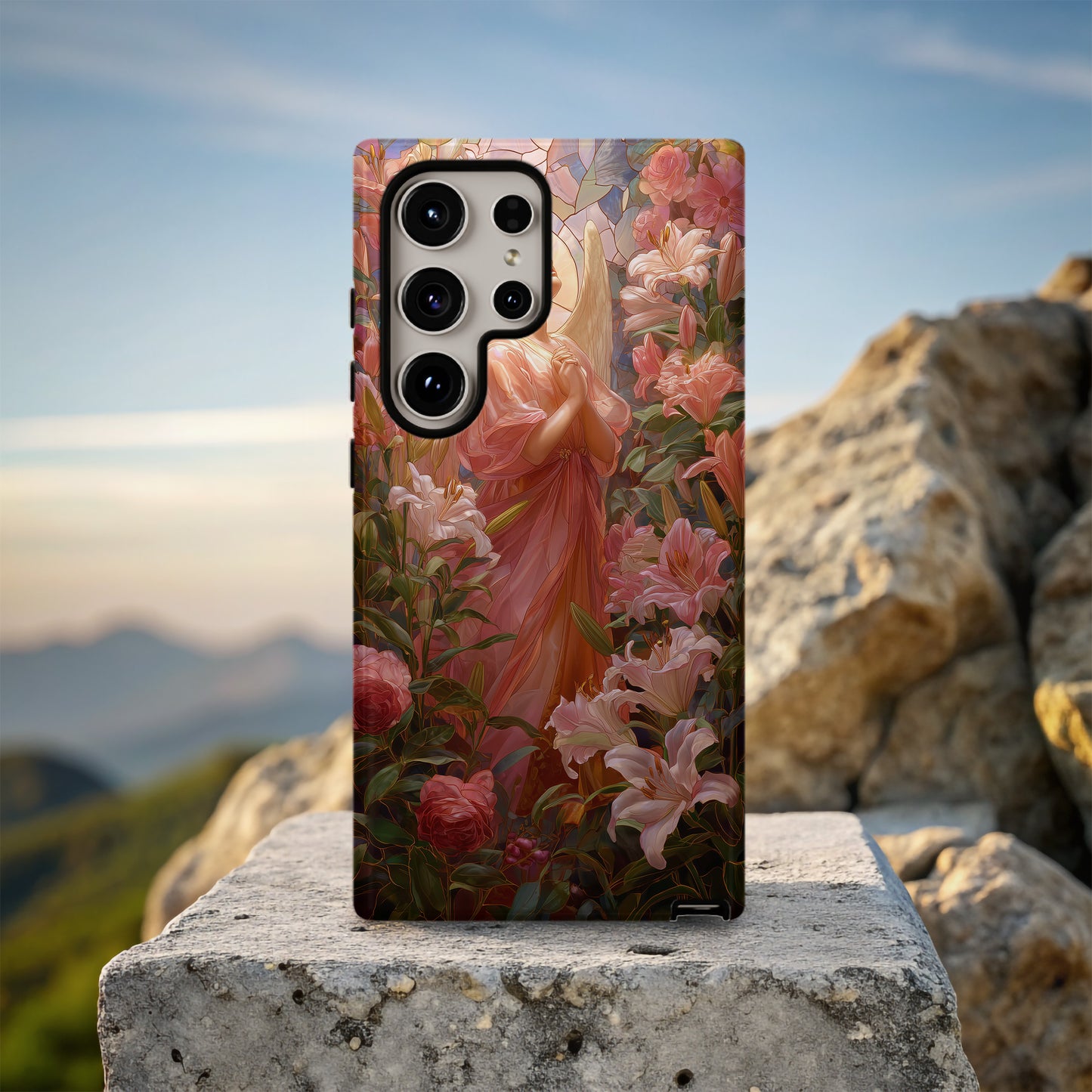 Heaven’s Grace – Angel Among Roses & Lilies Stained Glass Phone Case