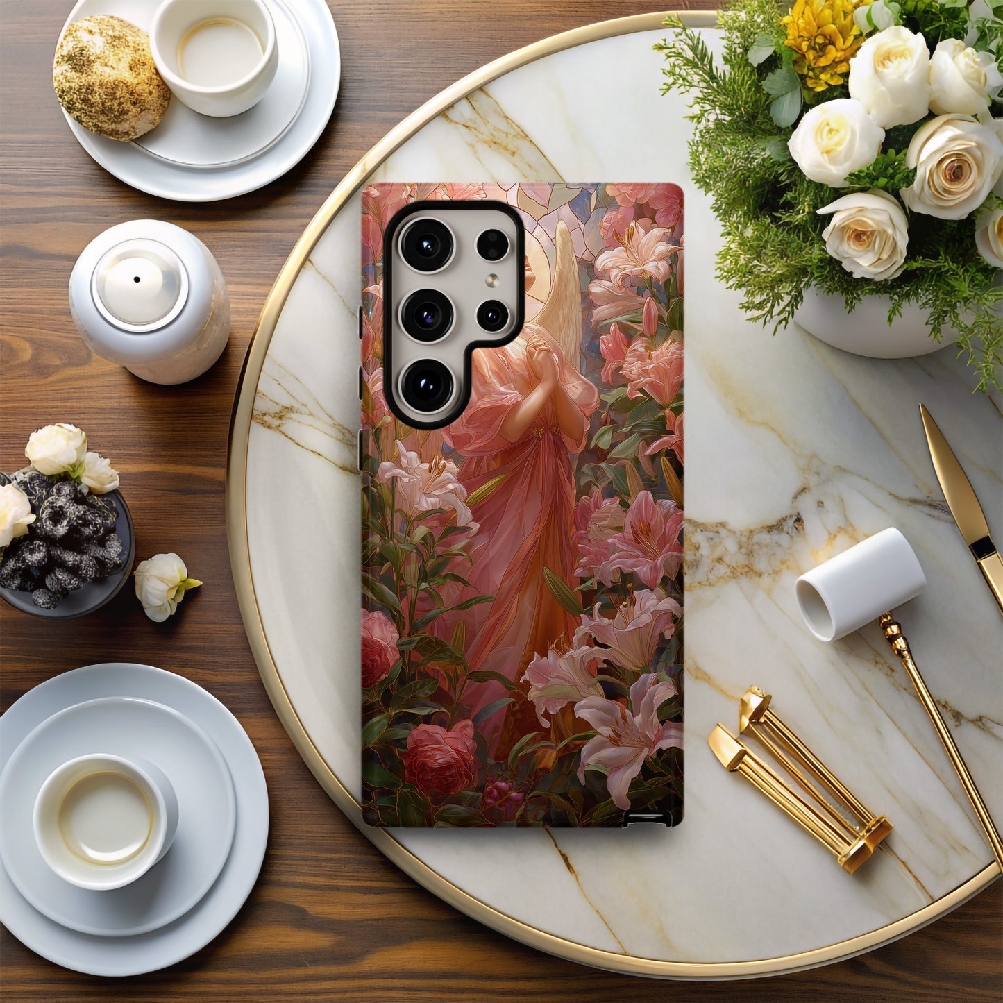 Heaven’s Grace – Angel Among Roses & Lilies Stained Glass Phone Case