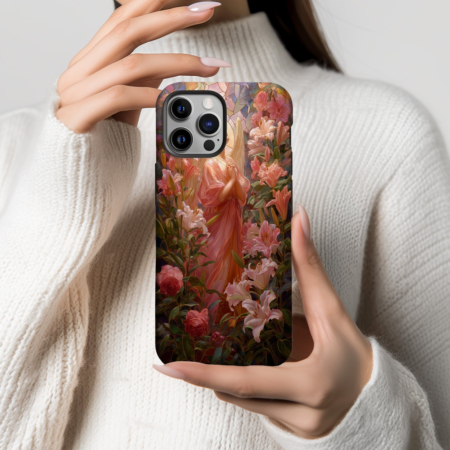Heaven’s Grace – Angel Among Roses & Lilies Stained Glass Phone Case