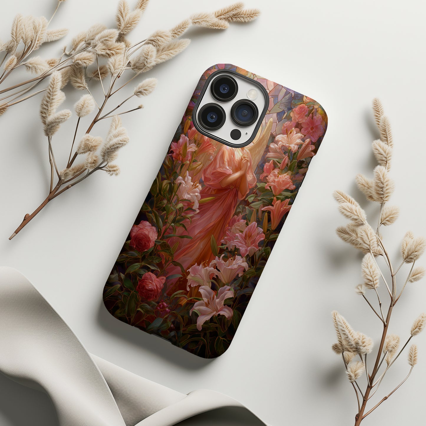 Heaven’s Grace – Angel Among Roses & Lilies Stained Glass Phone Case