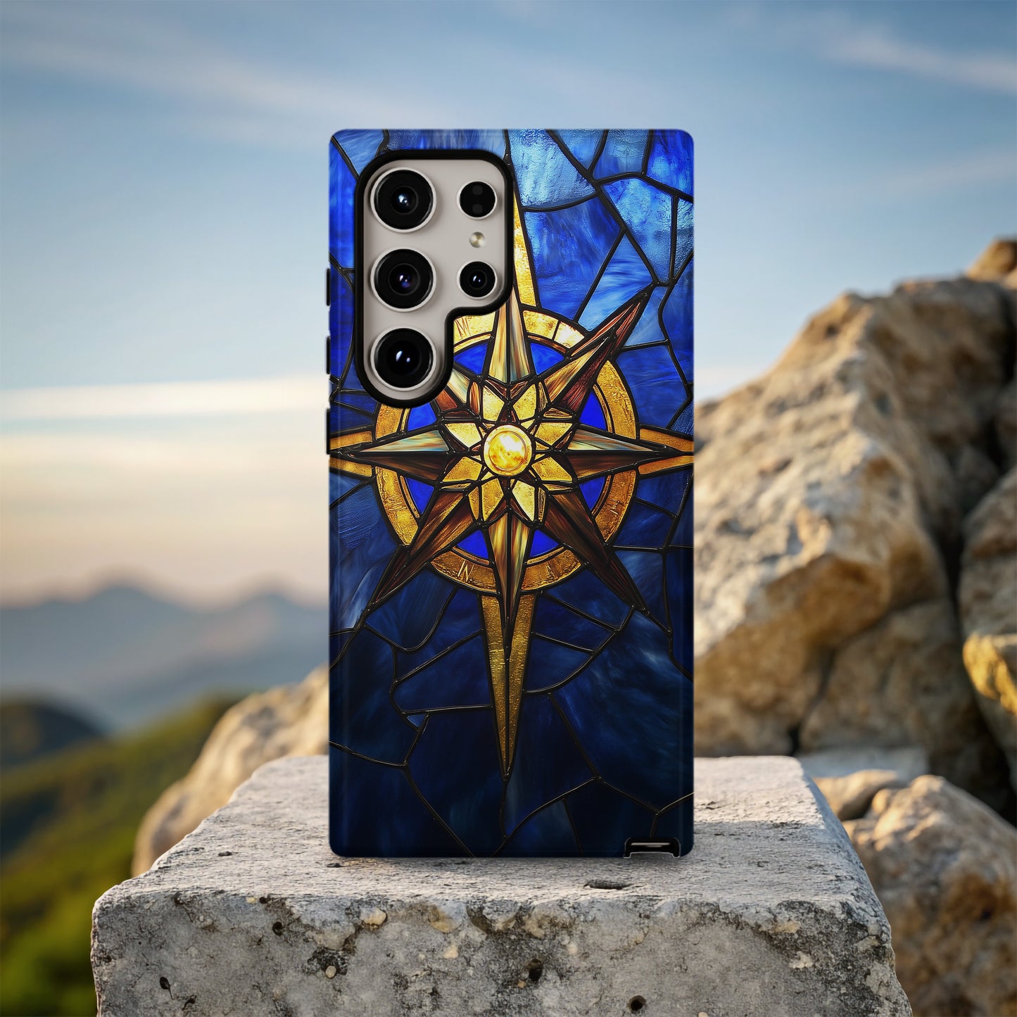 Guiding Light – Golden Compass Rose Stained Glass Phone Case