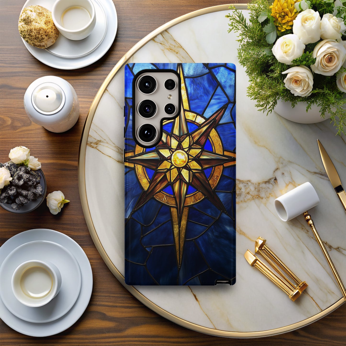 Guiding Light – Golden Compass Rose Stained Glass Phone Case
