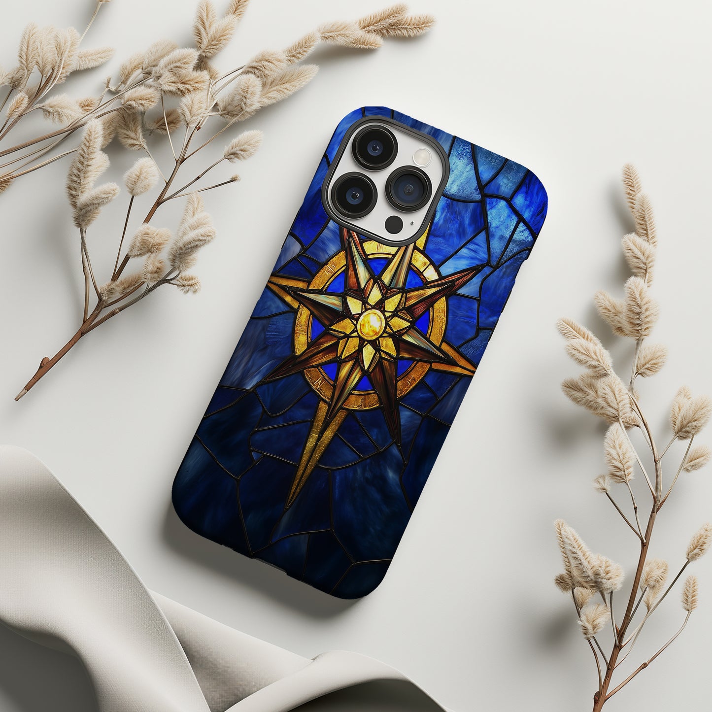 Guiding Light – Golden Compass Rose Stained Glass Phone Case