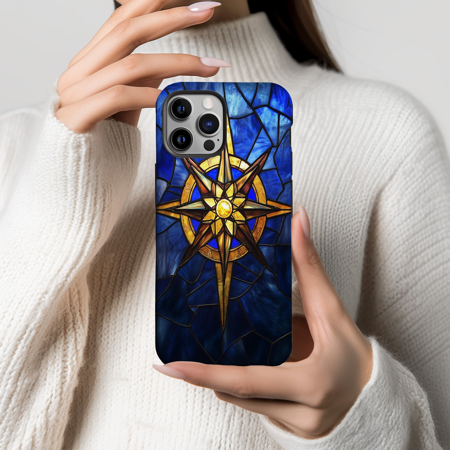 Guiding Light – Golden Compass Rose Stained Glass Phone Case