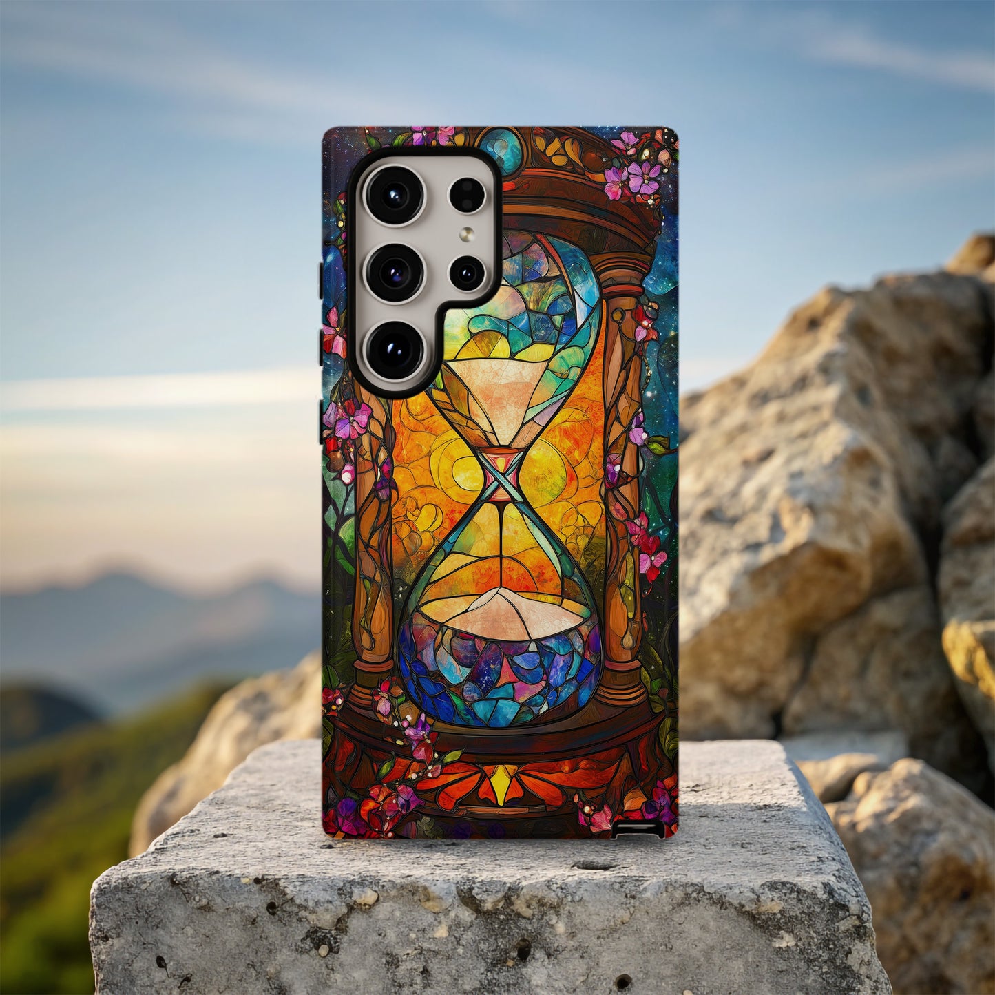Timeless Flow – Cosmic Hourglass Stained Glass Phone Case