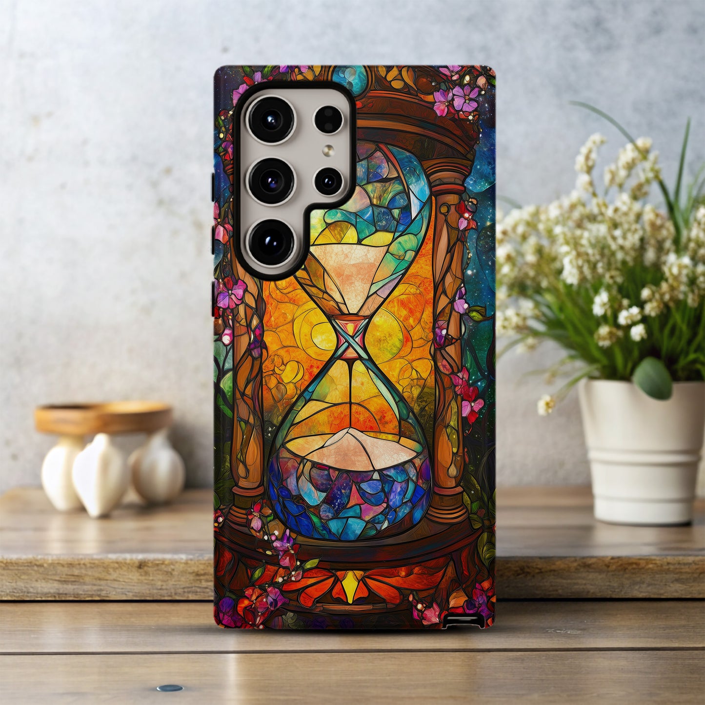 Timeless Flow – Cosmic Hourglass Stained Glass Phone Case