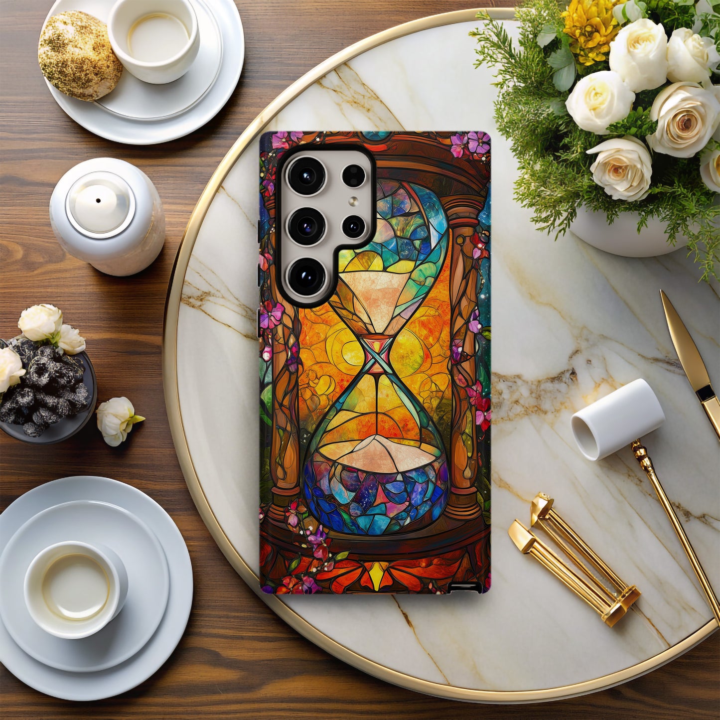 Timeless Flow – Cosmic Hourglass Stained Glass Phone Case