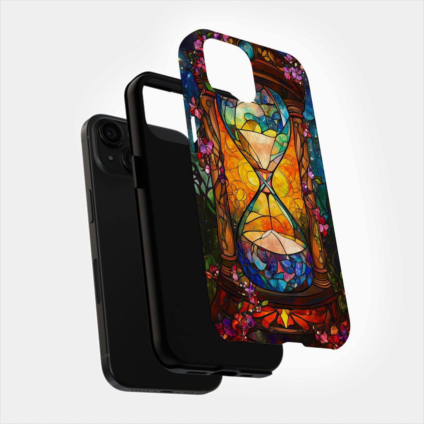 Timeless Flow – Cosmic Hourglass Stained Glass Phone Case