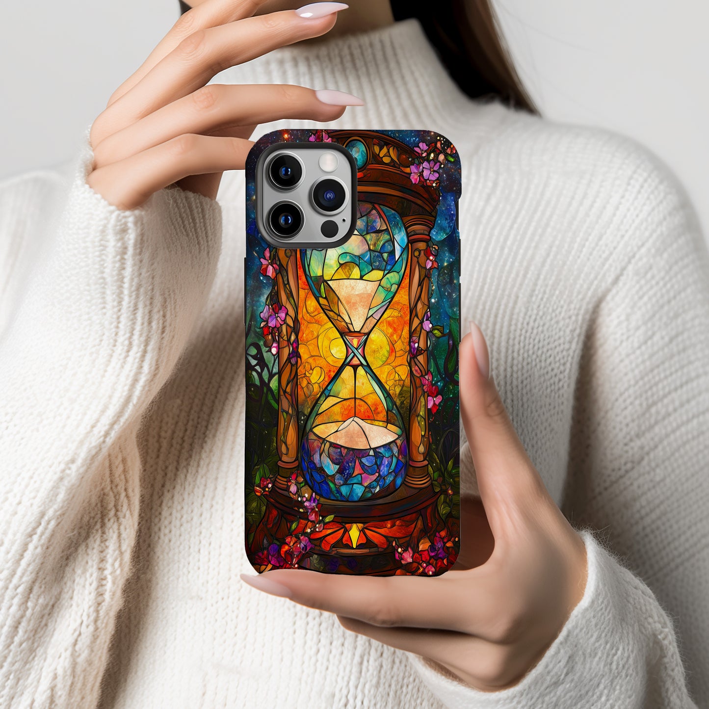 Timeless Flow – Cosmic Hourglass Stained Glass Phone Case