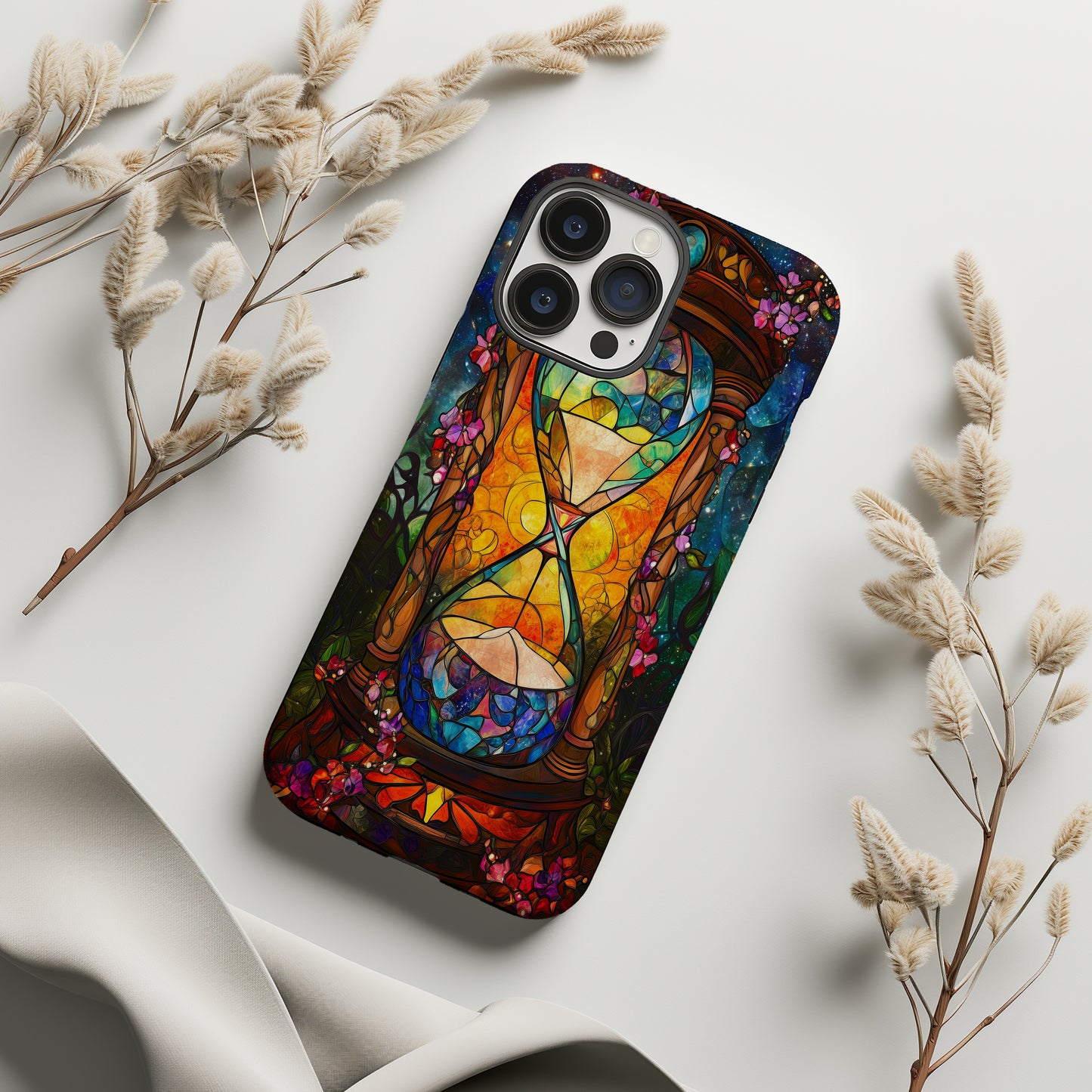 Timeless Flow – Cosmic Hourglass Stained Glass Phone Case