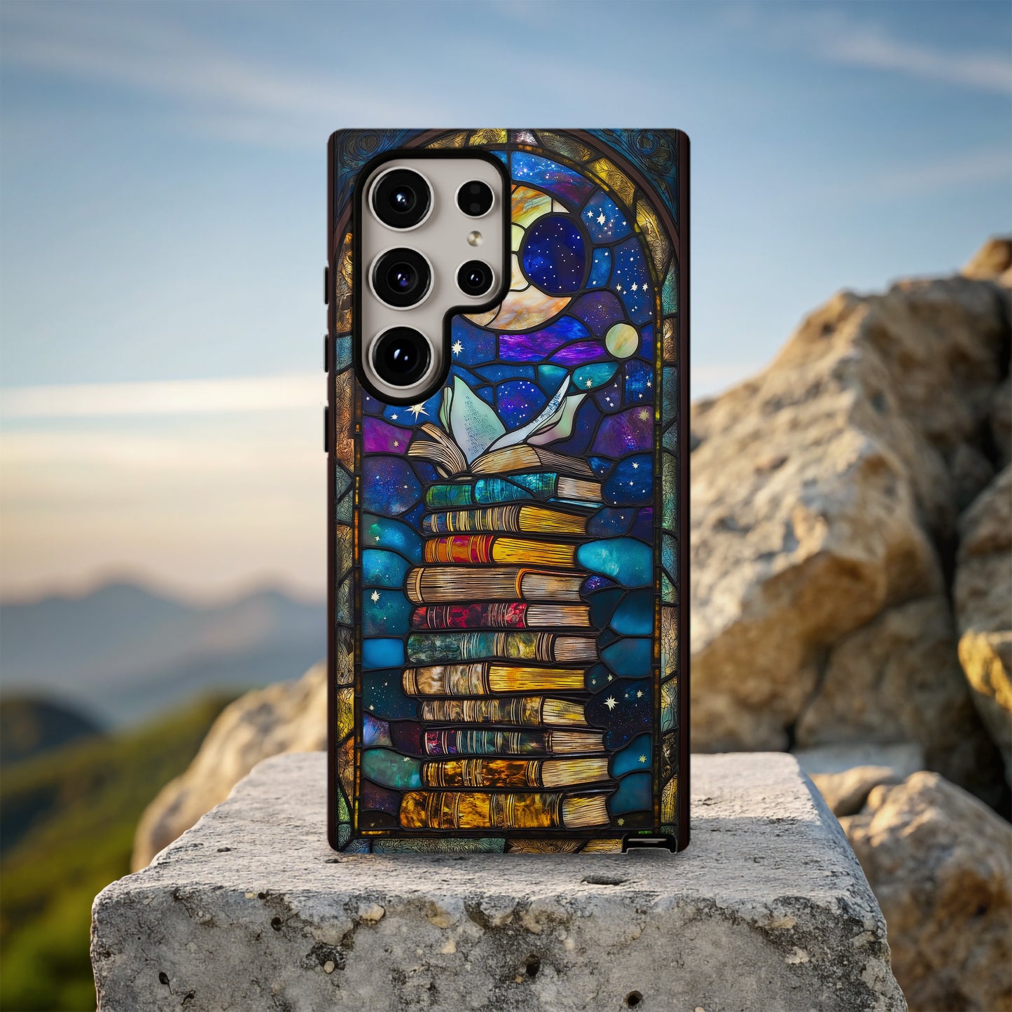 Lunar Library – Celestial Stained Glass Book Stack Phone Case