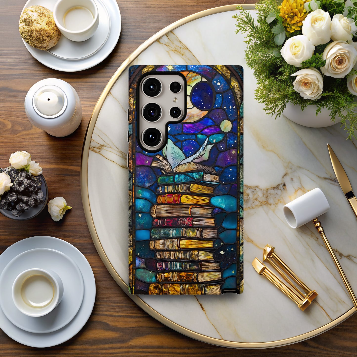 Lunar Library – Celestial Stained Glass Book Stack Phone Case