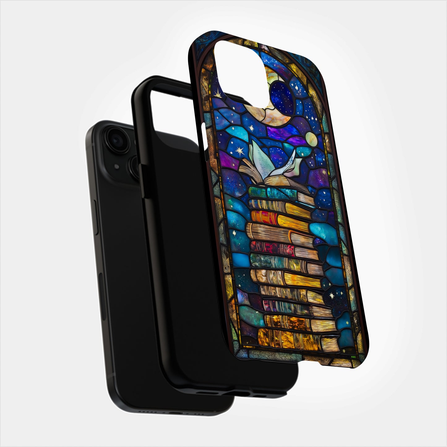 Lunar Library – Celestial Stained Glass Book Stack Phone Case