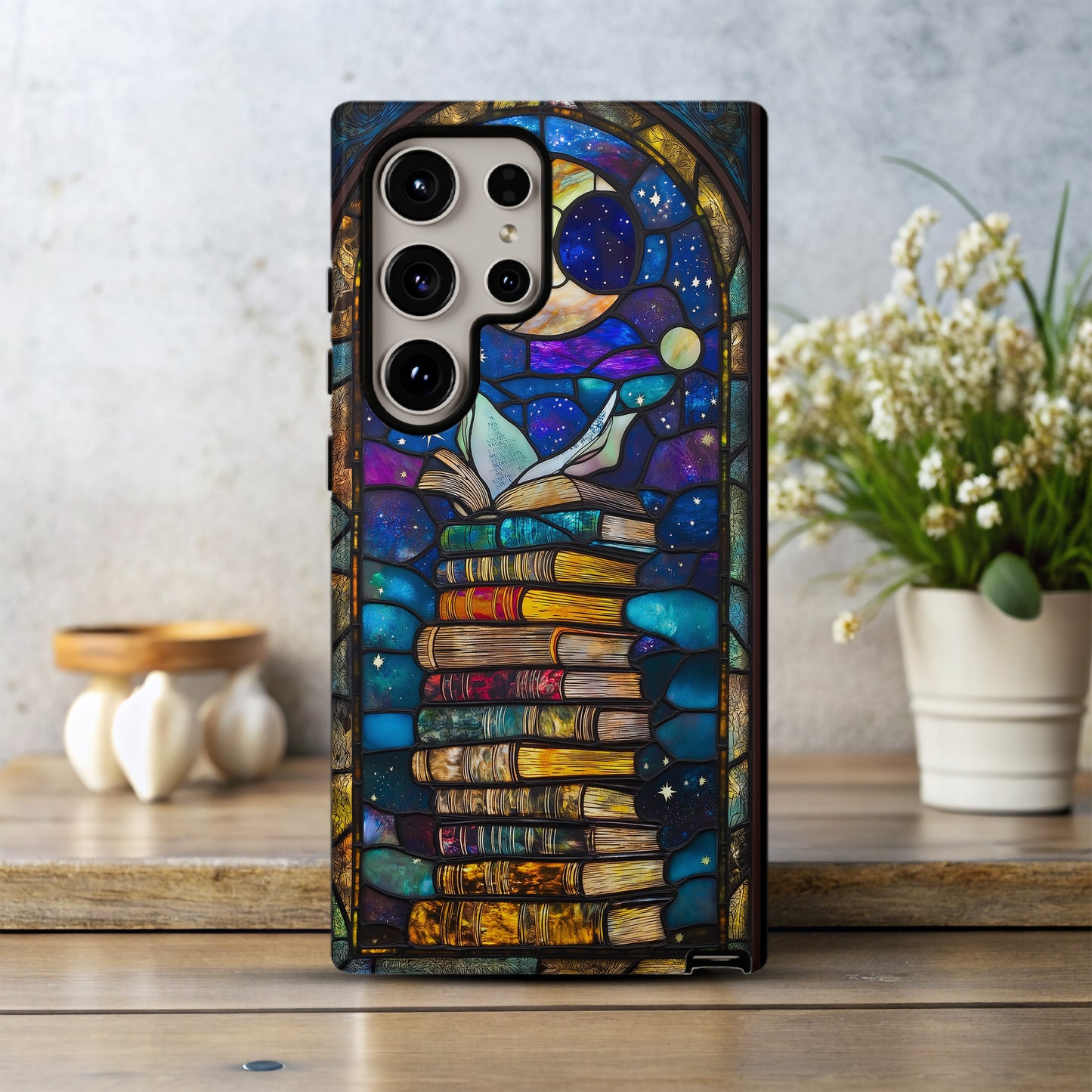Lunar Library – Celestial Stained Glass Book Stack Phone Case