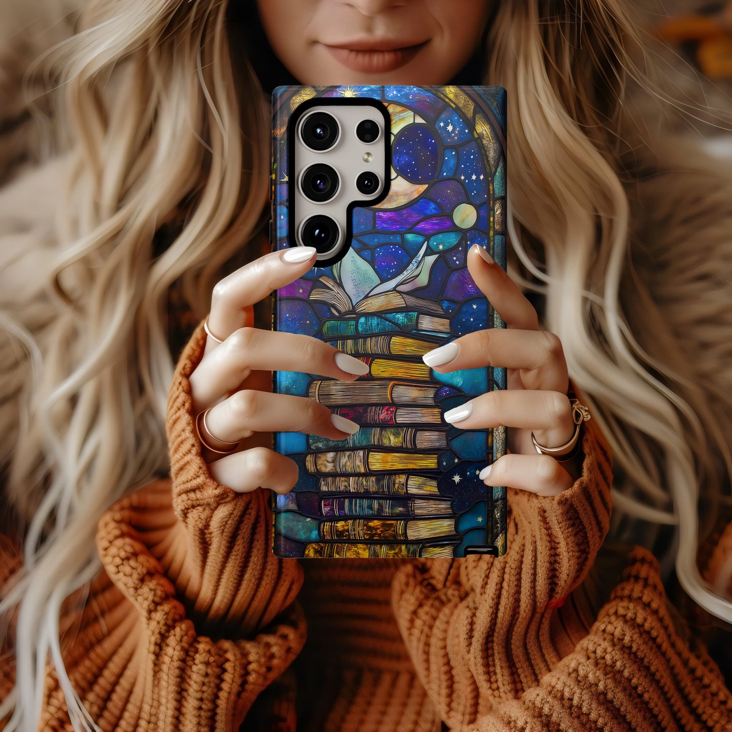 Lunar Library – Celestial Stained Glass Book Stack Phone Case