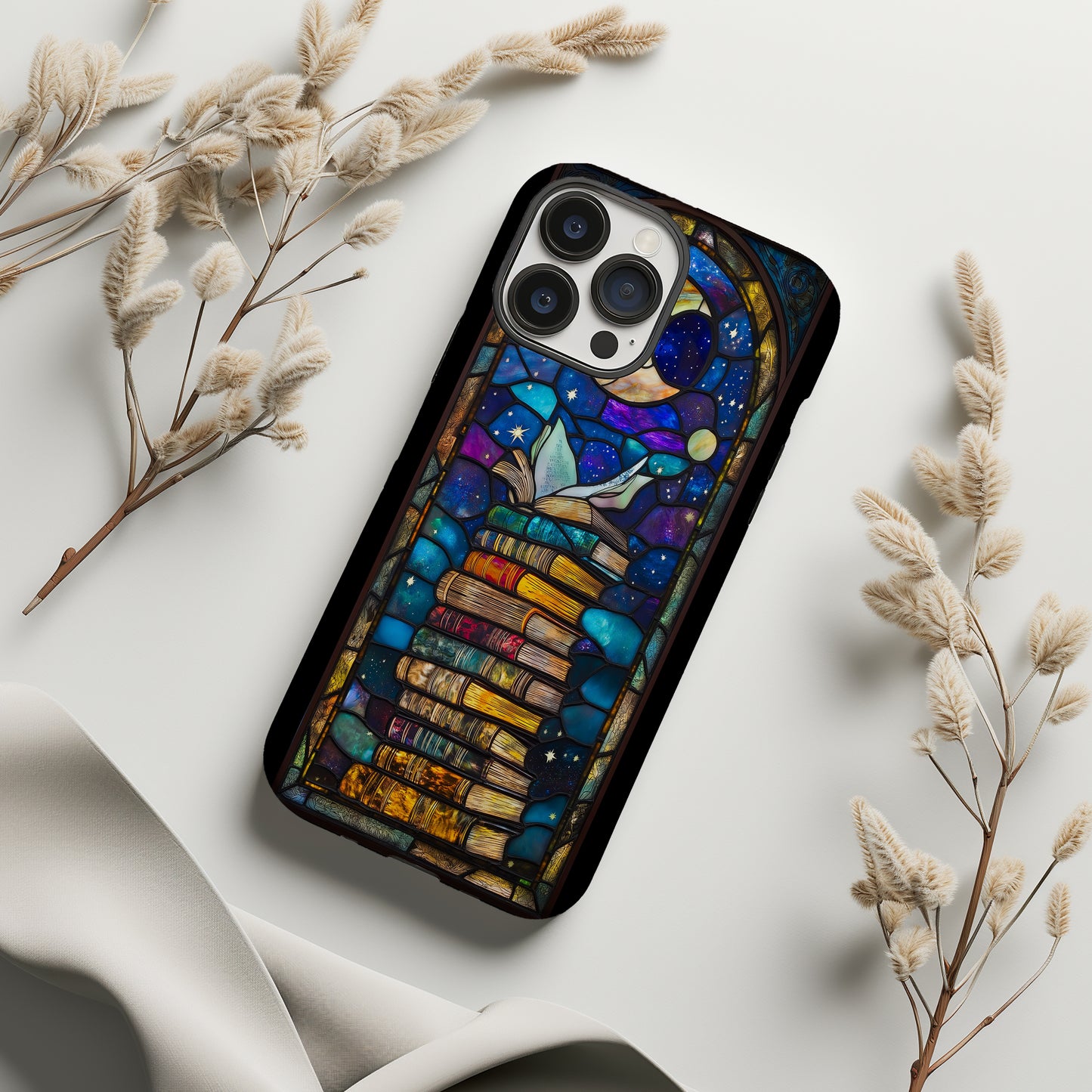 Lunar Library – Celestial Stained Glass Book Stack Phone Case