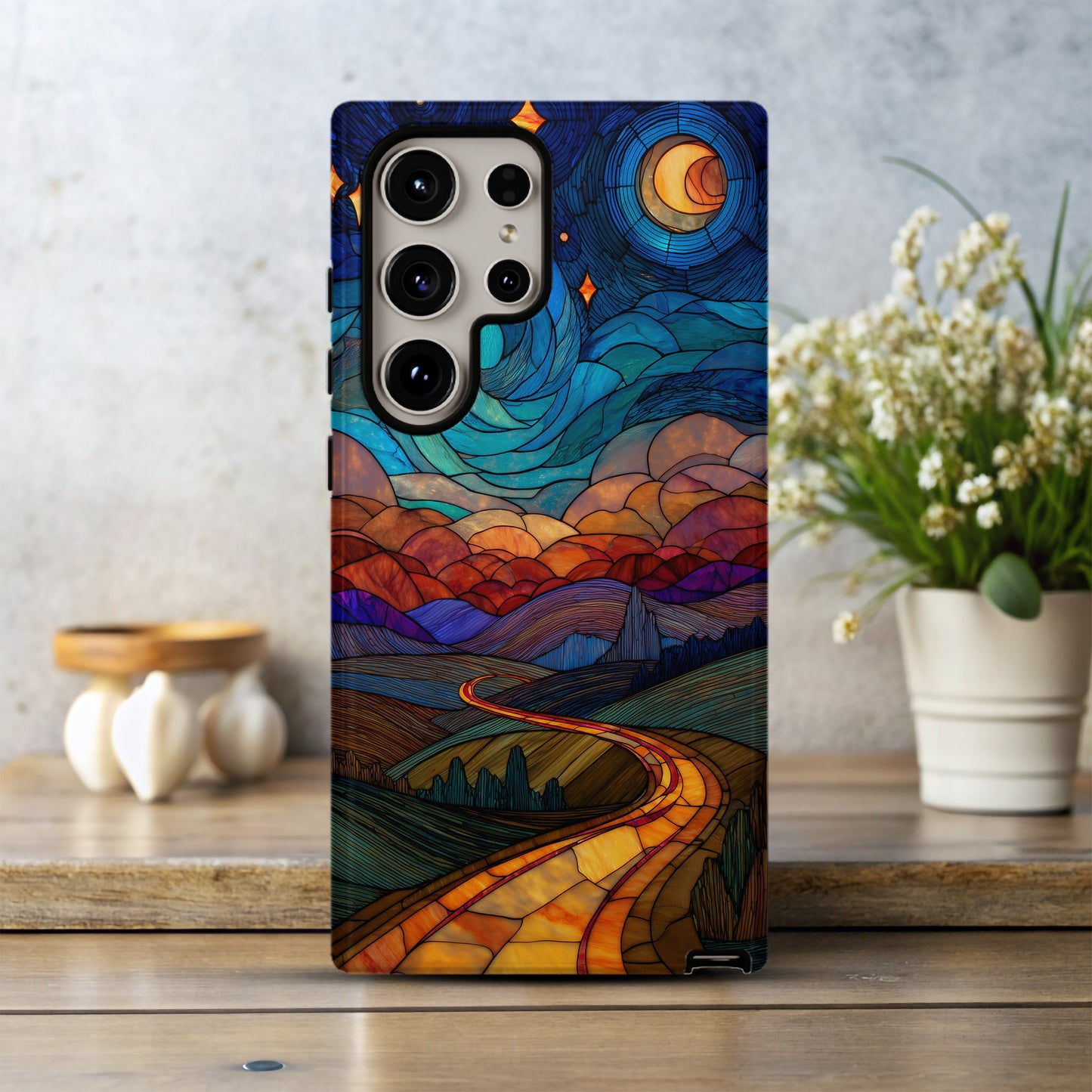 Starlit Journey Phone Case – Golden Road Under a Cosmic Sky in Stained Glass
