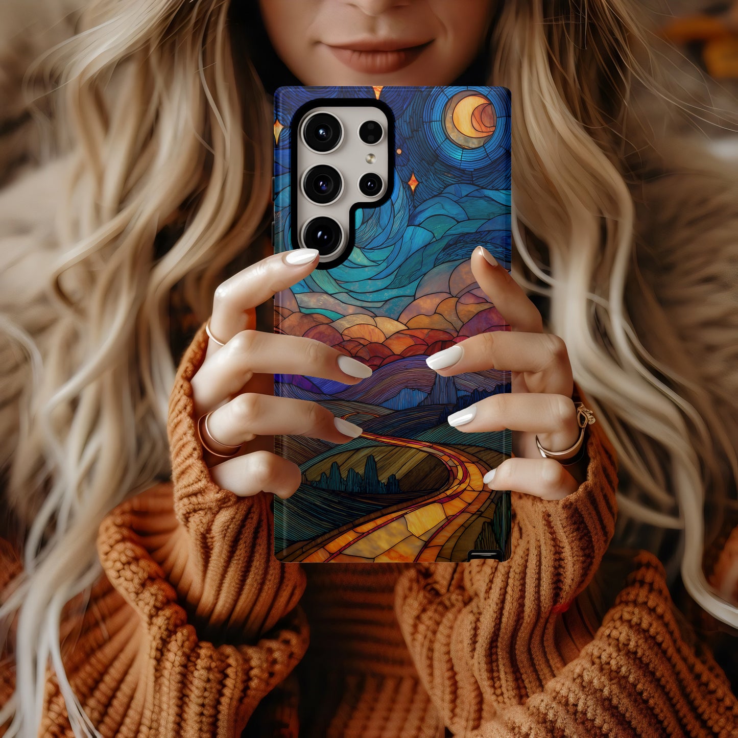Starlit Journey Phone Case – Golden Road Under a Cosmic Sky in Stained Glass
