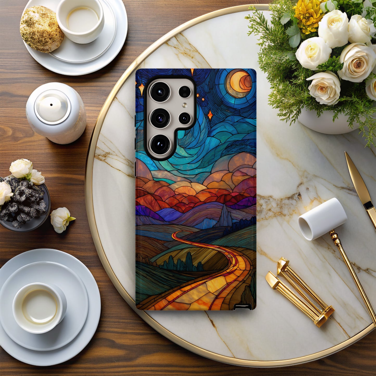 Starlit Journey Phone Case – Golden Road Under a Cosmic Sky in Stained Glass