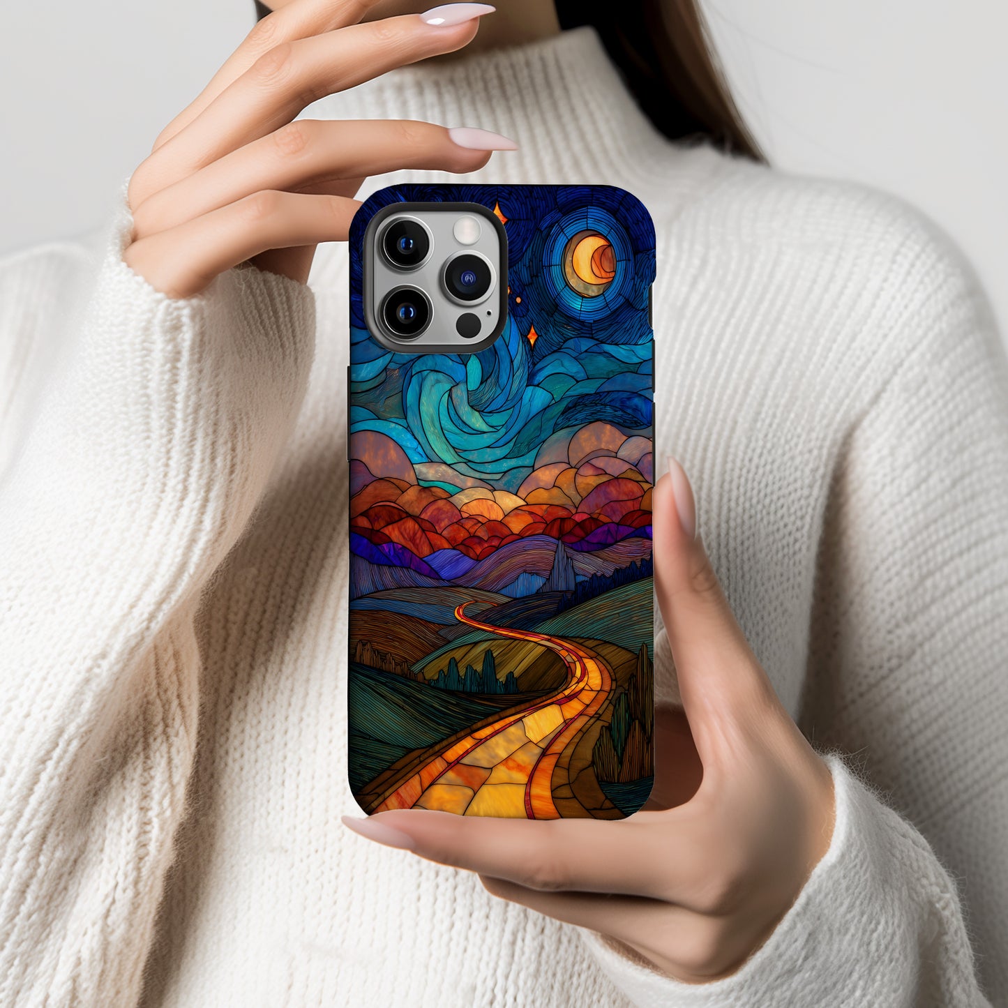 Starlit Journey Phone Case – Golden Road Under a Cosmic Sky in Stained Glass
