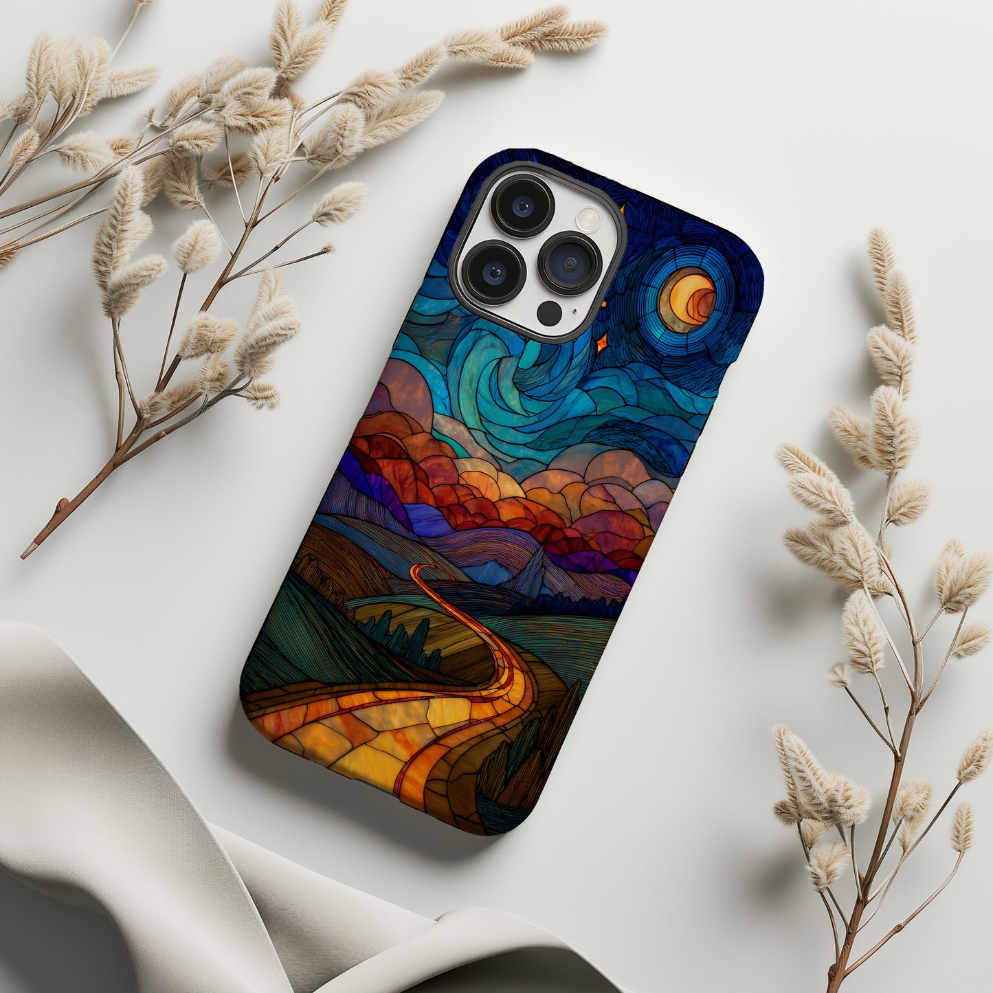 Starlit Journey Phone Case – Golden Road Under a Cosmic Sky in Stained Glass