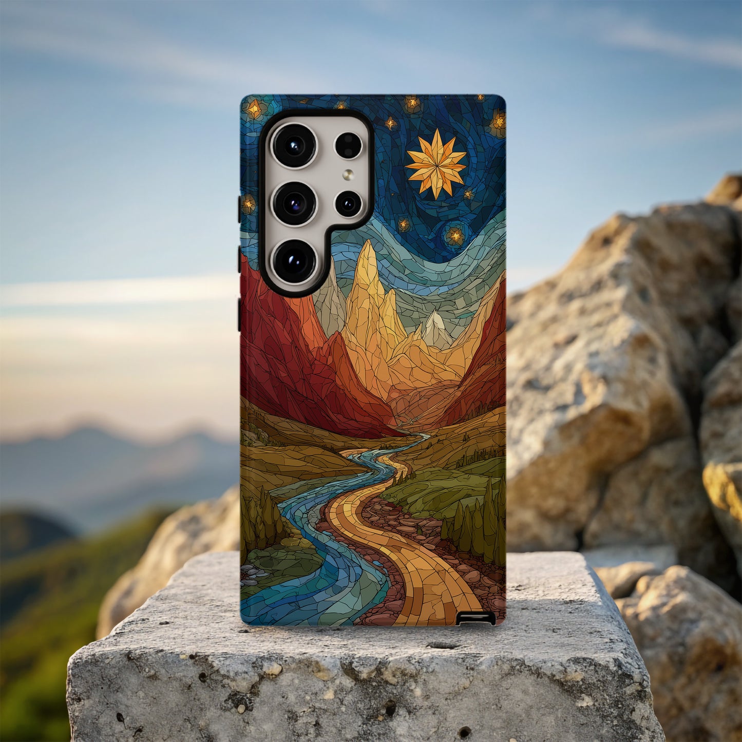 Golden Peaks & Starlit Path Stained Glass Phone Case