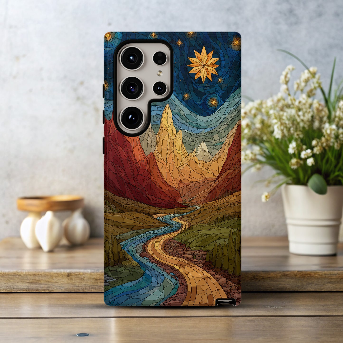 Golden Peaks & Starlit Path Stained Glass Phone Case