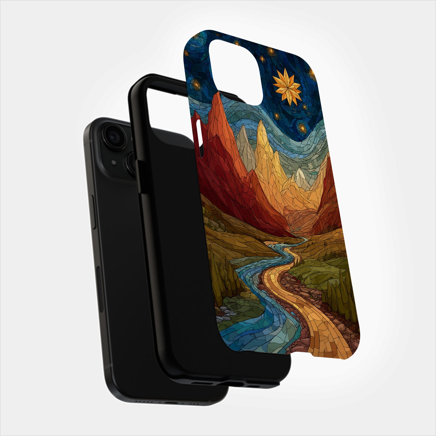 Golden Peaks & Starlit Path Stained Glass Phone Case