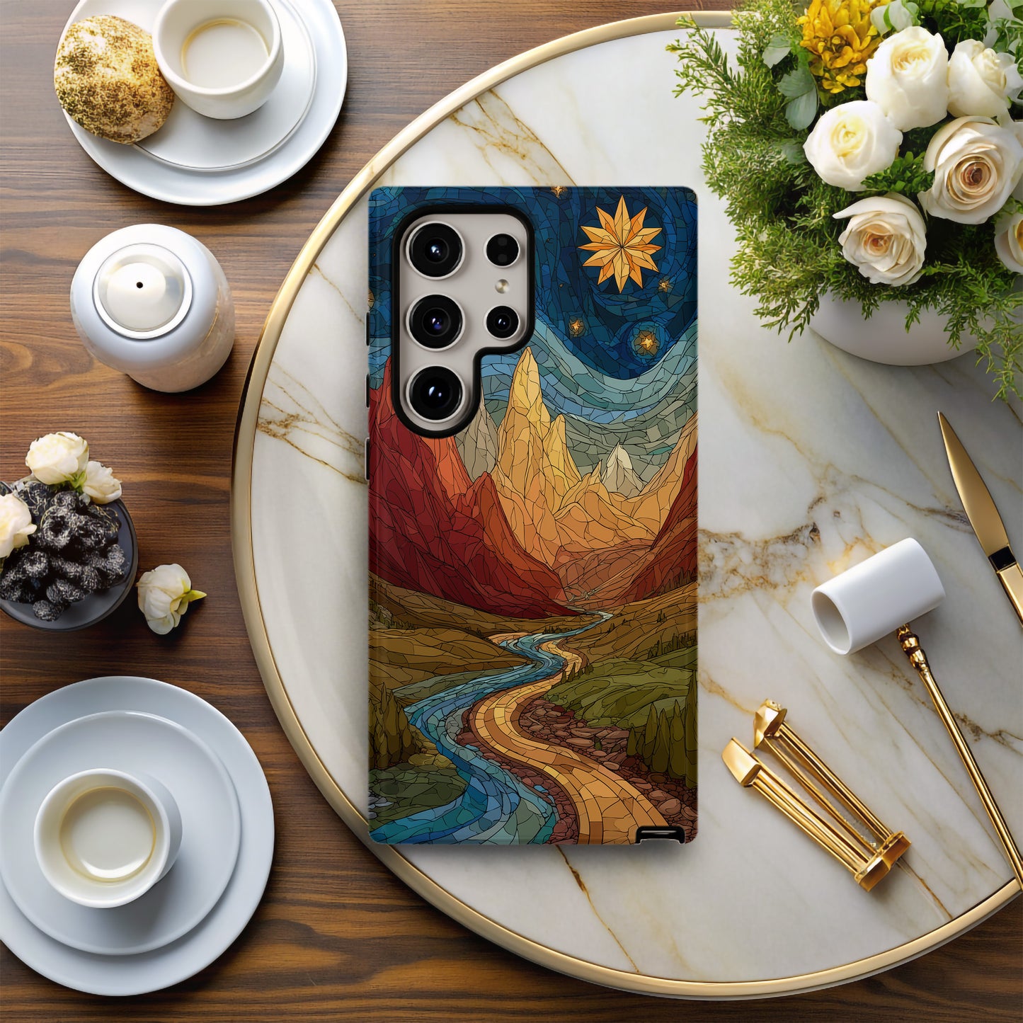 Golden Peaks & Starlit Path Stained Glass Phone Case