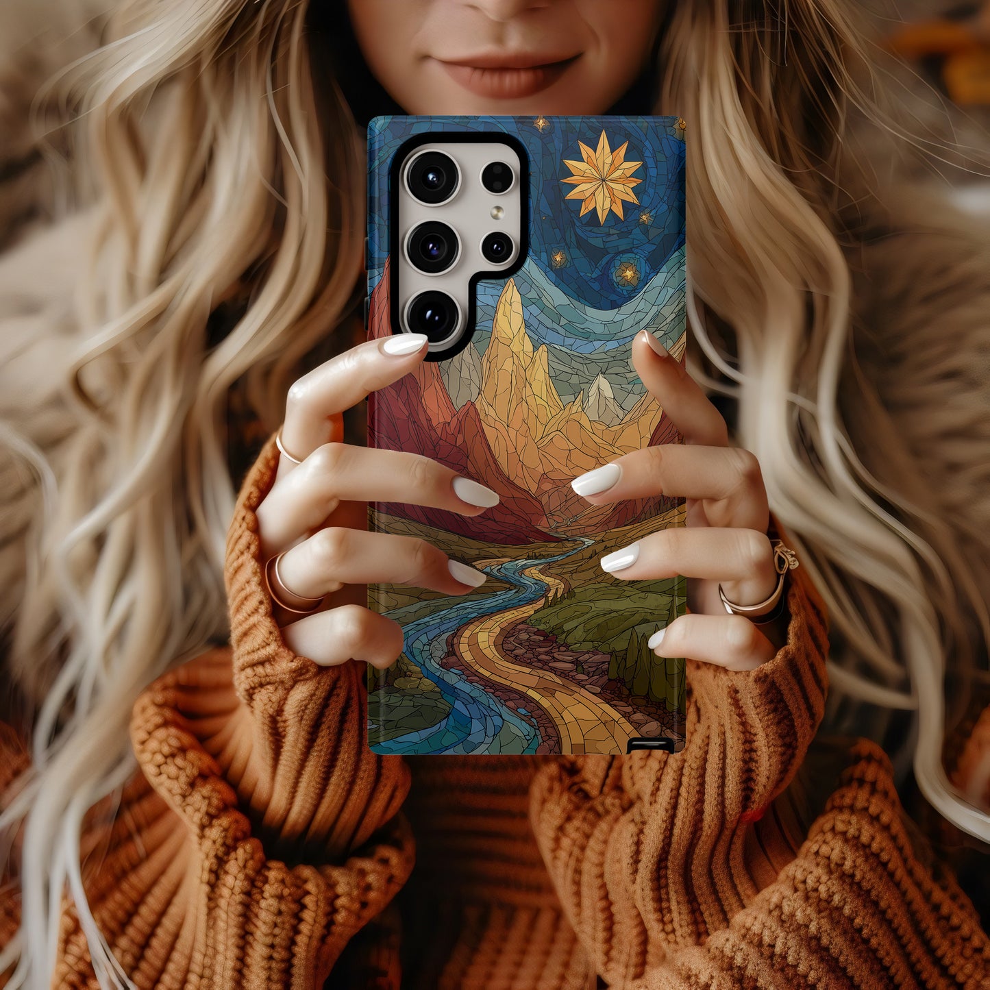 Golden Peaks & Starlit Path Stained Glass Phone Case