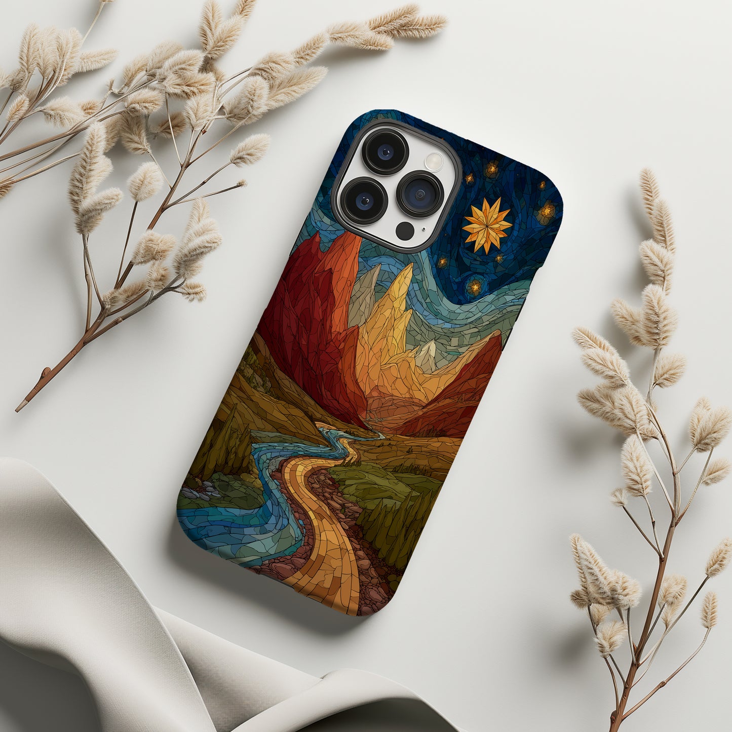 Golden Peaks & Starlit Path Stained Glass Phone Case