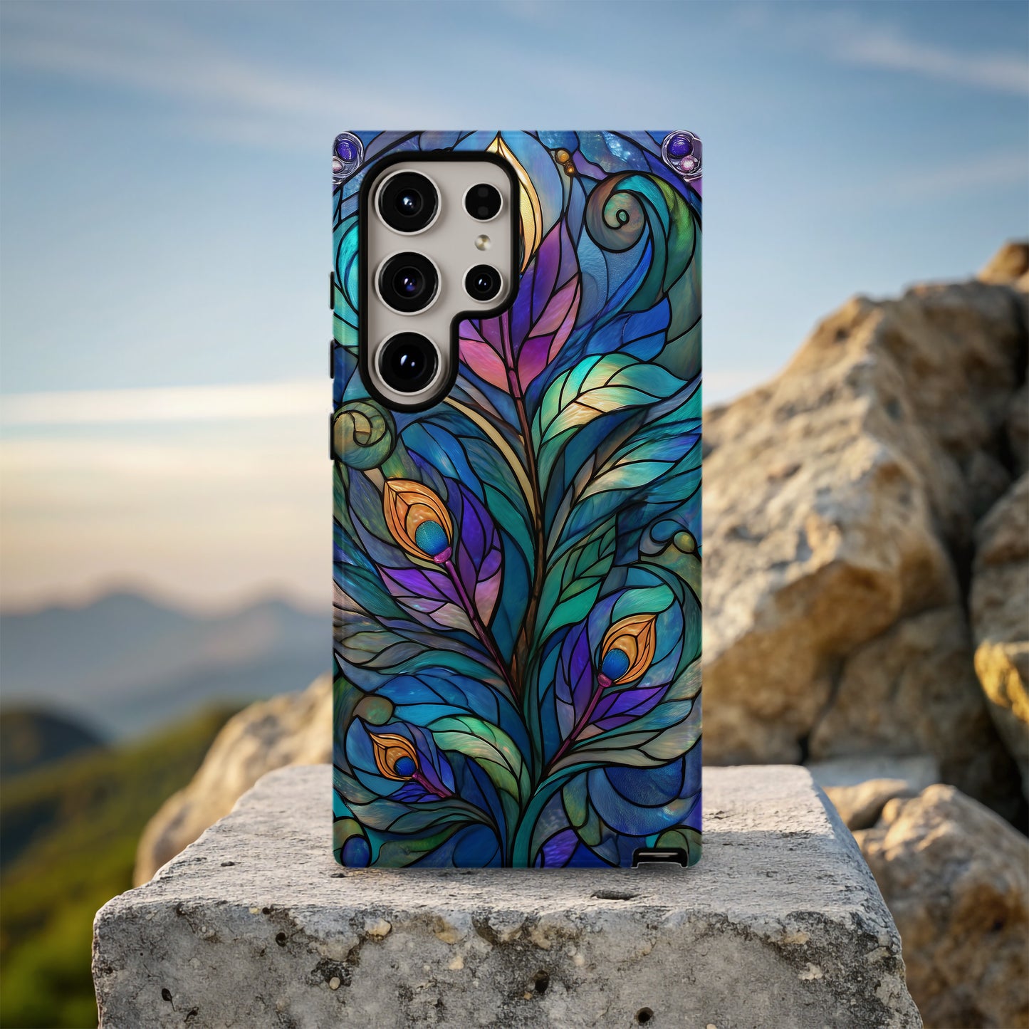 Jewel-Tone Nouveau Bloom Stained Glass Phone Case Description: