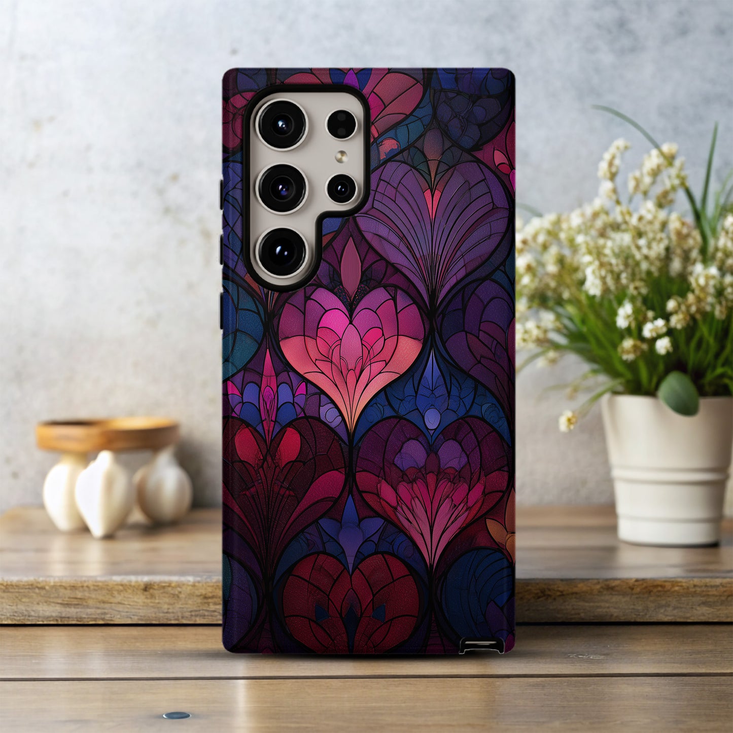 Crimson Twilight Heart Stained Glass Phone Case