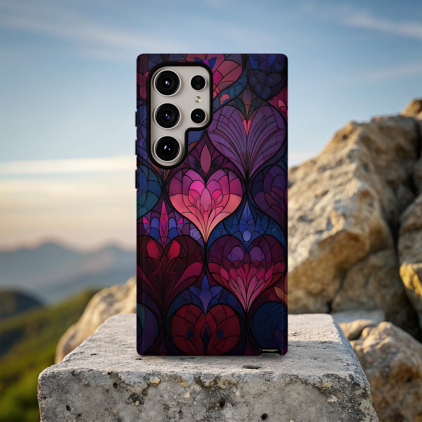 Crimson Twilight Heart Stained Glass Phone Case