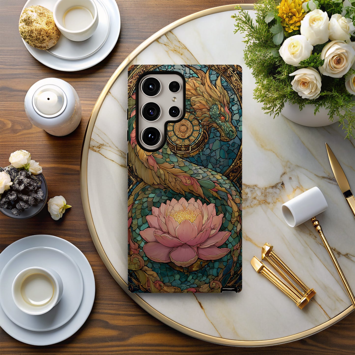 Mythic Dragon & Lotus Stained Glass Phone Case