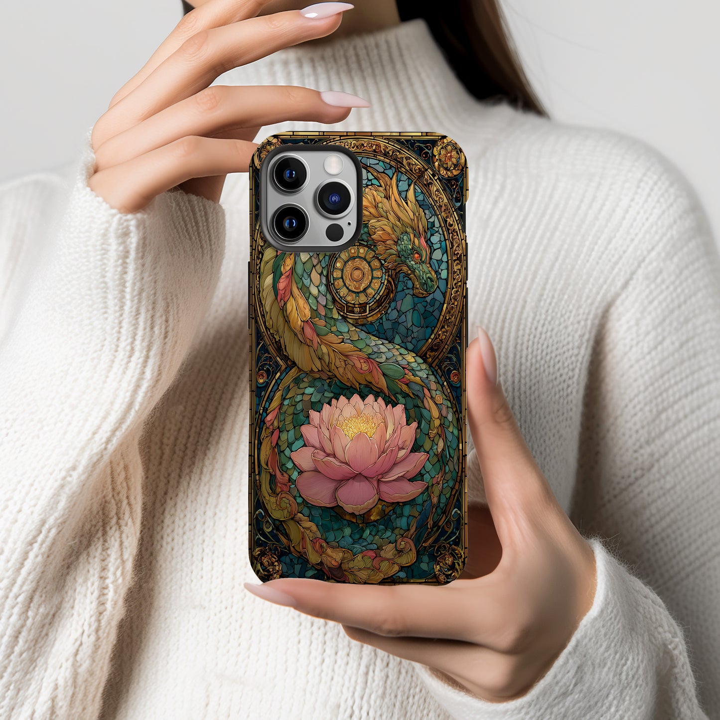 Mythic Dragon & Lotus Stained Glass Phone Case
