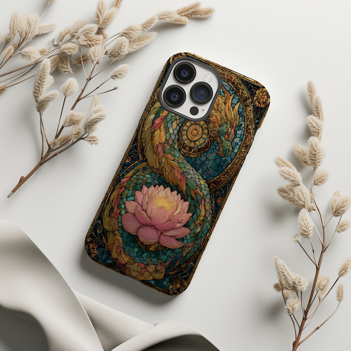 Mythic Dragon & Lotus Stained Glass Phone Case