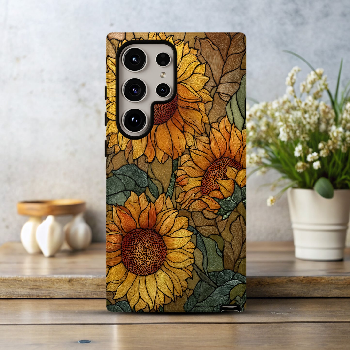 Golden Sunflower Glow Stained Glass Phone Case