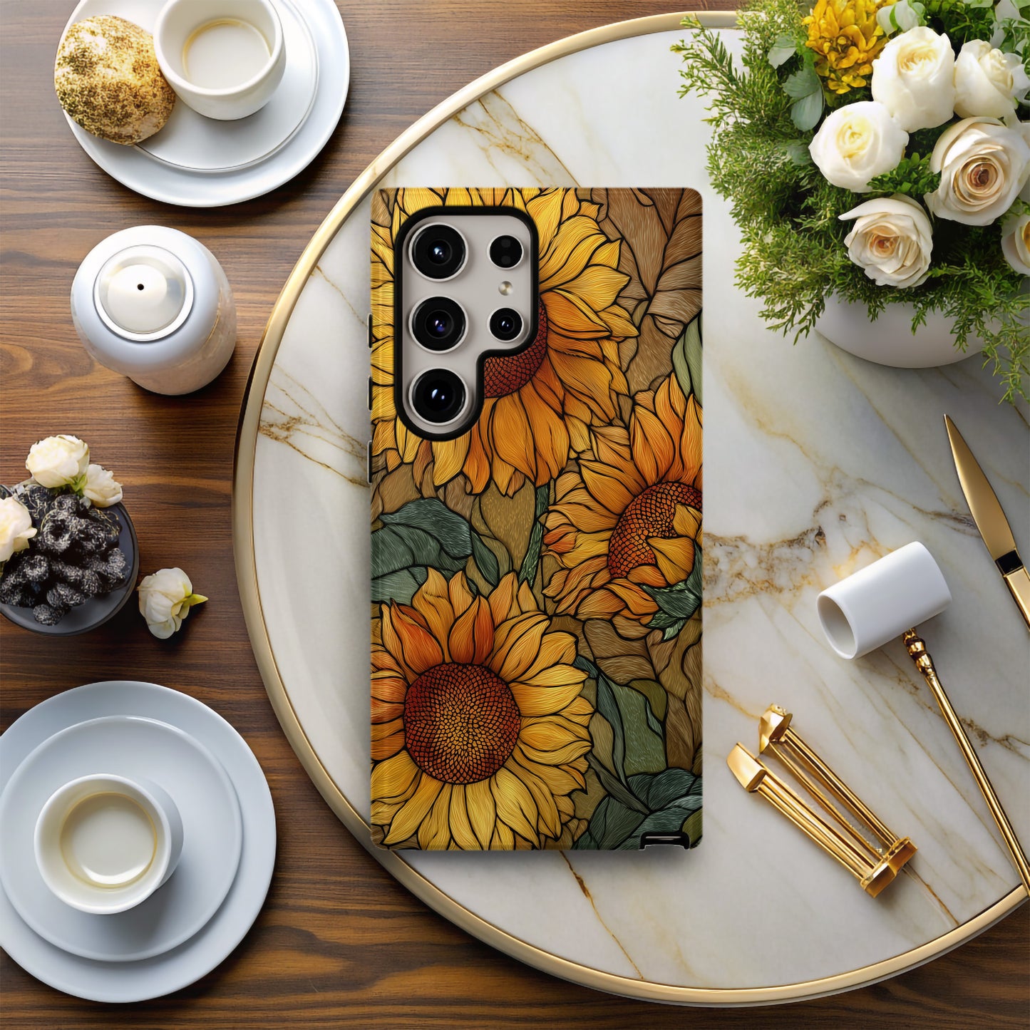 Golden Sunflower Glow Stained Glass Phone Case