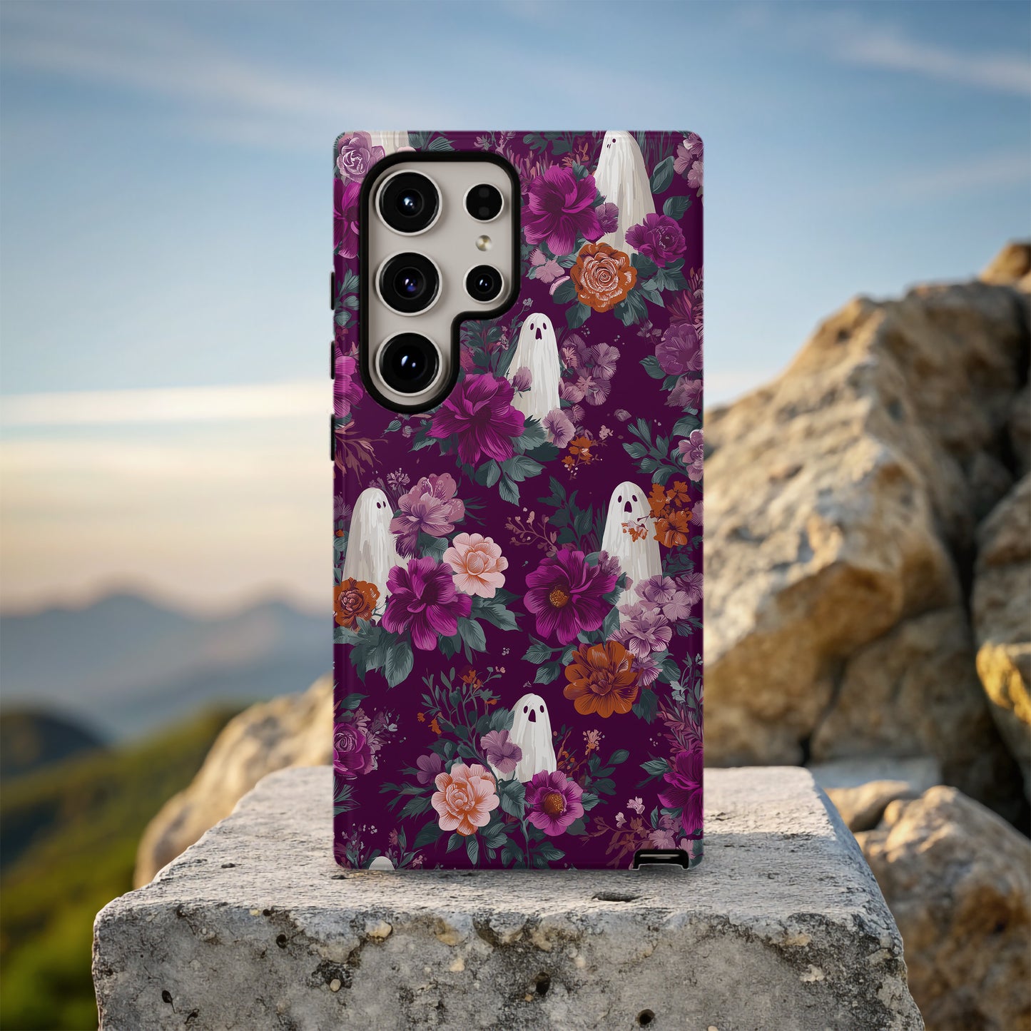 Haunted Garden Phone Case – Burgundy Floral Ghost Aesthetic Protective Case
